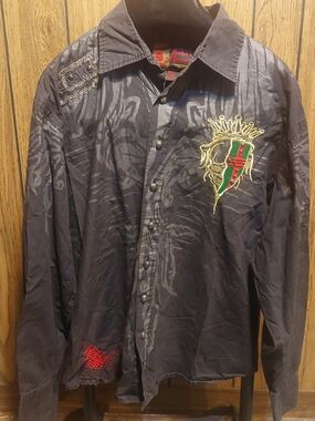 Embroidered Graphic Shirt Button Down Y2K Members Property XXL Skull & Crown